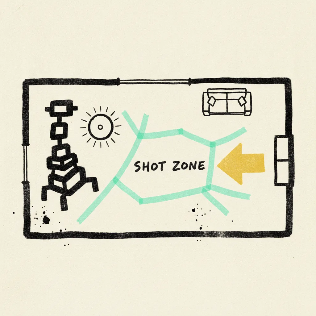 Overhead sketch of a Bangkok rooftop studio floor plan with mint tape marking the shot zone and a yellow arrow pointing at the window.