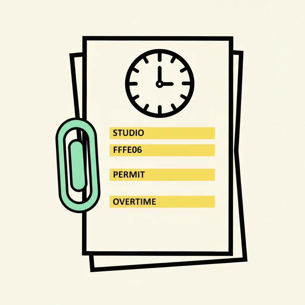 A stack of three Bangkok invoices with yellow highlighted line items for studio, permit, and overtime, held by a mint paperclip under a clock face.