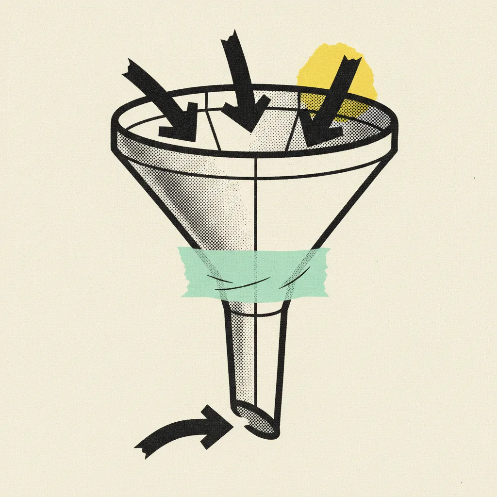 Paper funnel narrowing from wide to narrow with three ink arrows entering the top and one leaving the bottom, mint tape strip across the neck, yellow blob at the wide end.