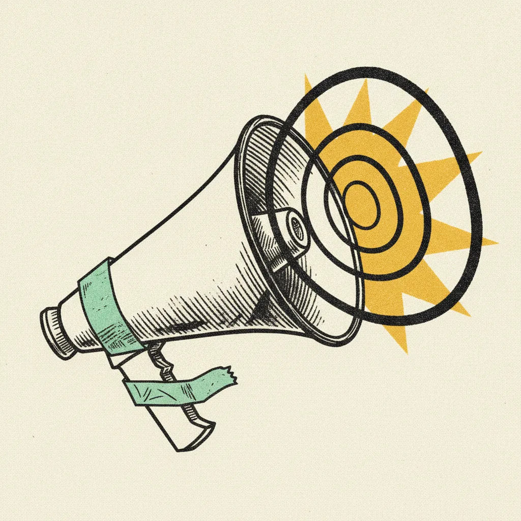 Paper megaphone tilted right with concentric ink sound rings, mint tape wrapped around the handle, yellow burst behind the widest ring.