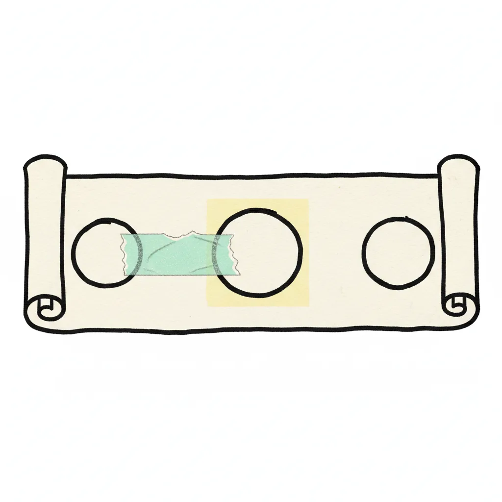 Paper timeline scroll with a mint tape strip connecting two milestone dots and a yellow highlighted square on the middle dot.