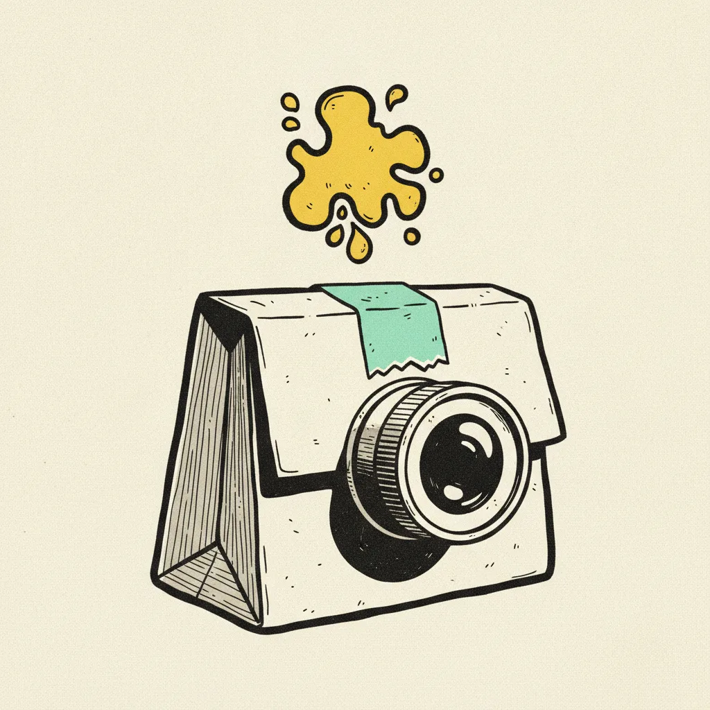 Paper camera bag with a mint tape strip water-seal band and a yellow highlighted droplet cluster hovering above.