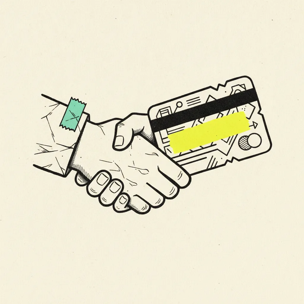 A paper handshake between a folded contract with a mint tape strip and a stylised ad manager card with a yellow bar.