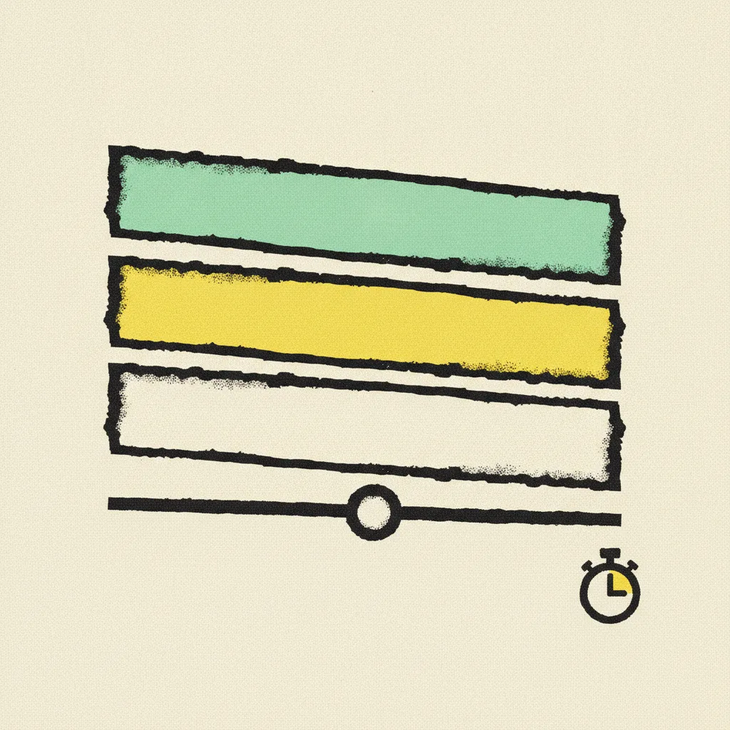 Brutalist illustration of three stacked caption bars in mint, yellow, and black over a horizontal timeline scrubber.