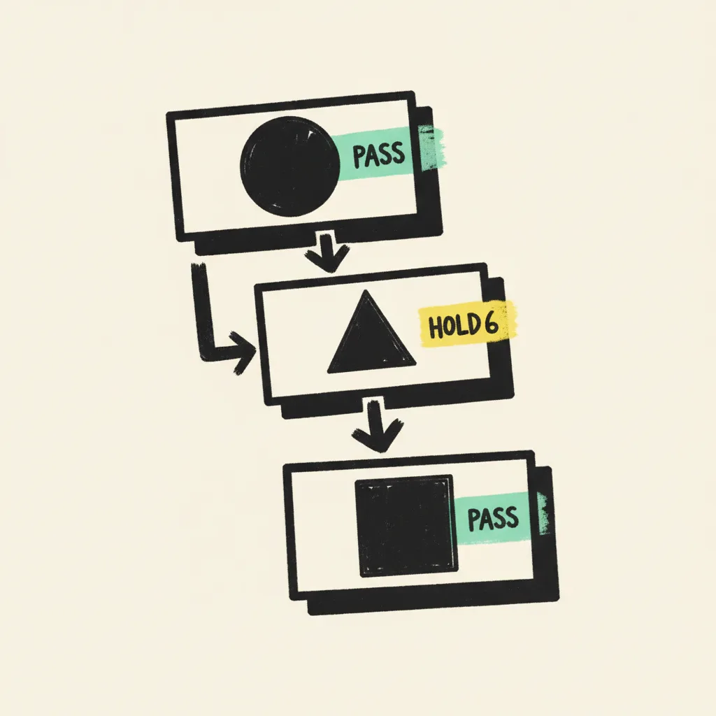 Three stacked review cards connected by ink arrows showing a sequential approval flow.