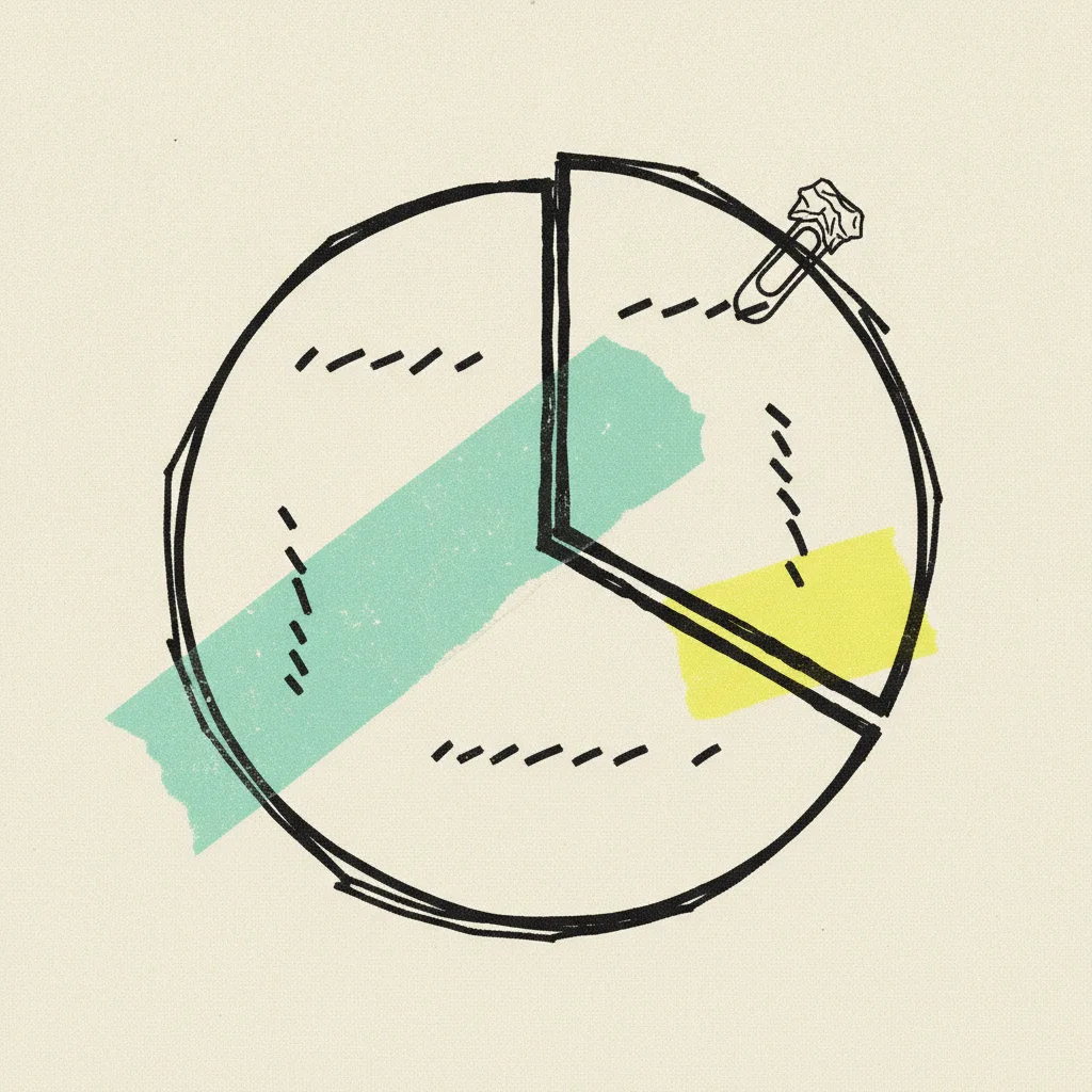 Brutalist editorial illustration of a paper commission split pie chart on cream paper with abstract dash marks for numbers, one wedge wrapped in a mint tape strip and another marked with a yellow highlighter blob