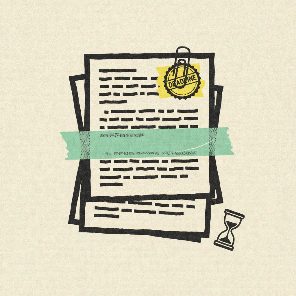 Brutalist editorial illustration of a paper email thread with stacked reply boxes marked with abstract dash marks, one wrapped in a mint tape strip and a yellow highlighter blob across a paper deadline stamp clipped to the top box, small ink hourglass in the corner