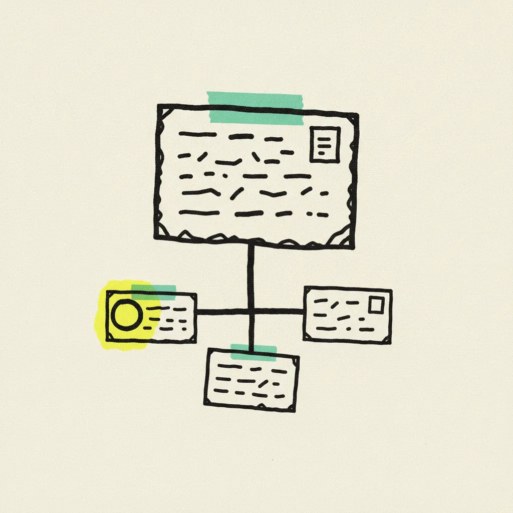 Paper Threads-style text post card with abstract dash marks, mint tape strip across the top, a black ink reply-thread branching downward into three smaller reply cards, and a yellow highlighter blob on the reply count marker.