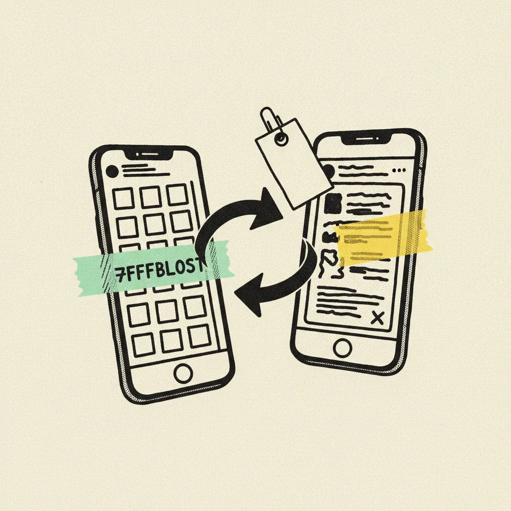 Two paper smartphones side by side, left showing an Instagram-style grid tile wrapped in a mint tape strip, right showing a Threads-style stacked text post card with a yellow highlighter blob, a black ink arrow curving between them and a price tag clipped between.