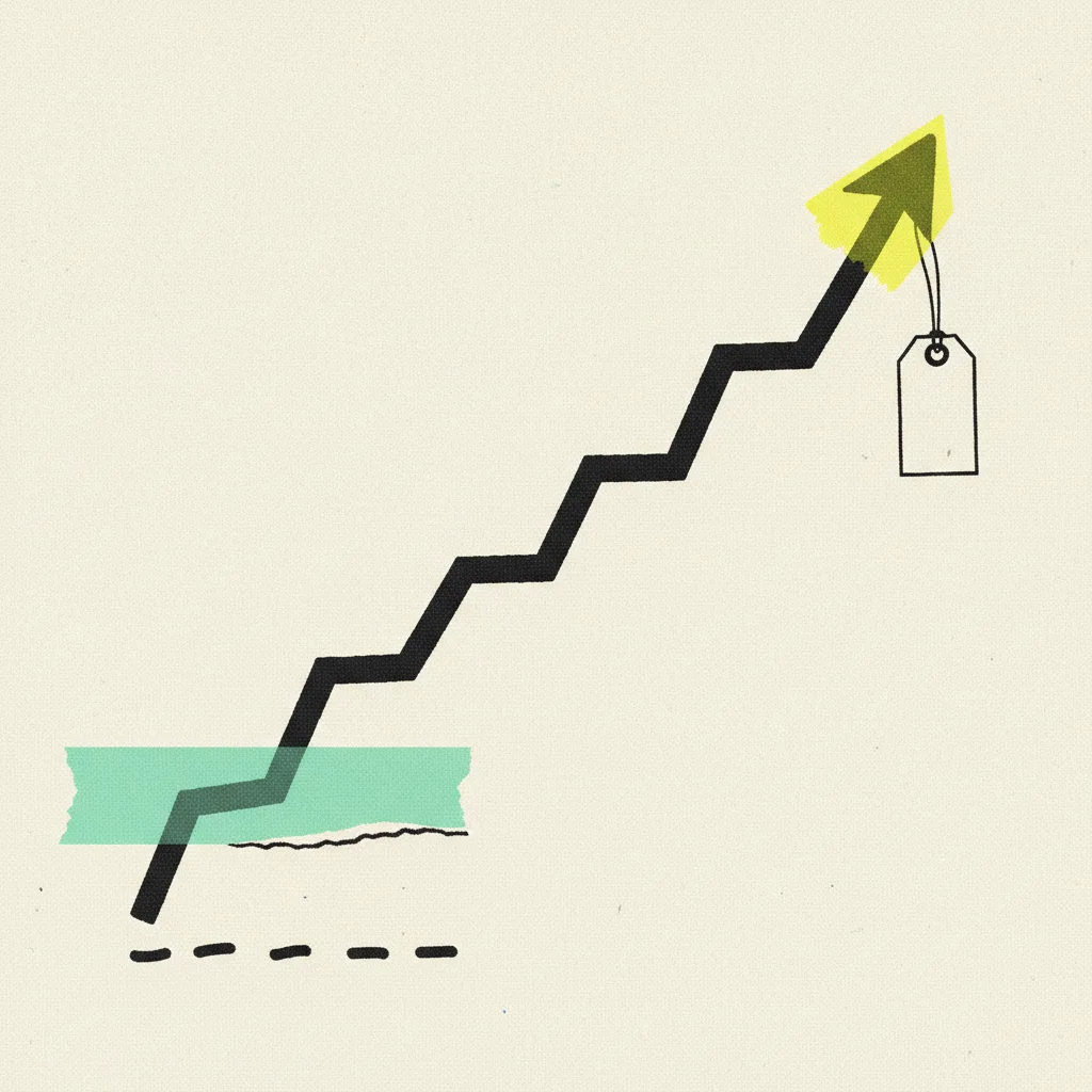 Paper line chart on cream paper, thick black ink line rising in steps with a mint tape strip across a low-volume zone and a yellow highlighter blob across a high-volume peak