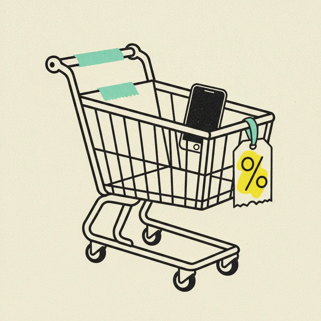 Paper shopping cart on cream paper with a mint tape strip across the handle, a yellow highlighter blob on a hanging coupon tag, a small smartphone silhouette resting inside
