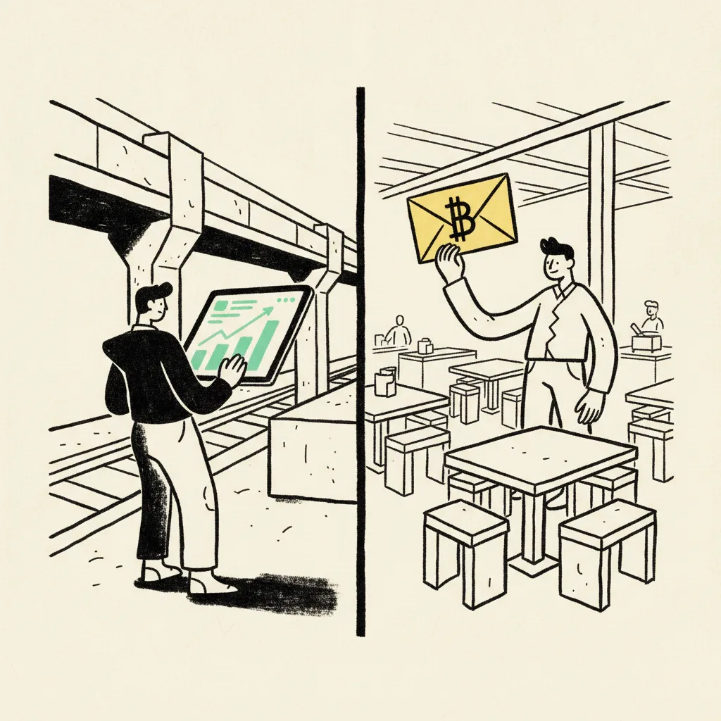 Split scene showing a Bangkok creator reviewing an affiliate sales dashboard on the BTS and later holding a flat-fee payment envelope at a food court.