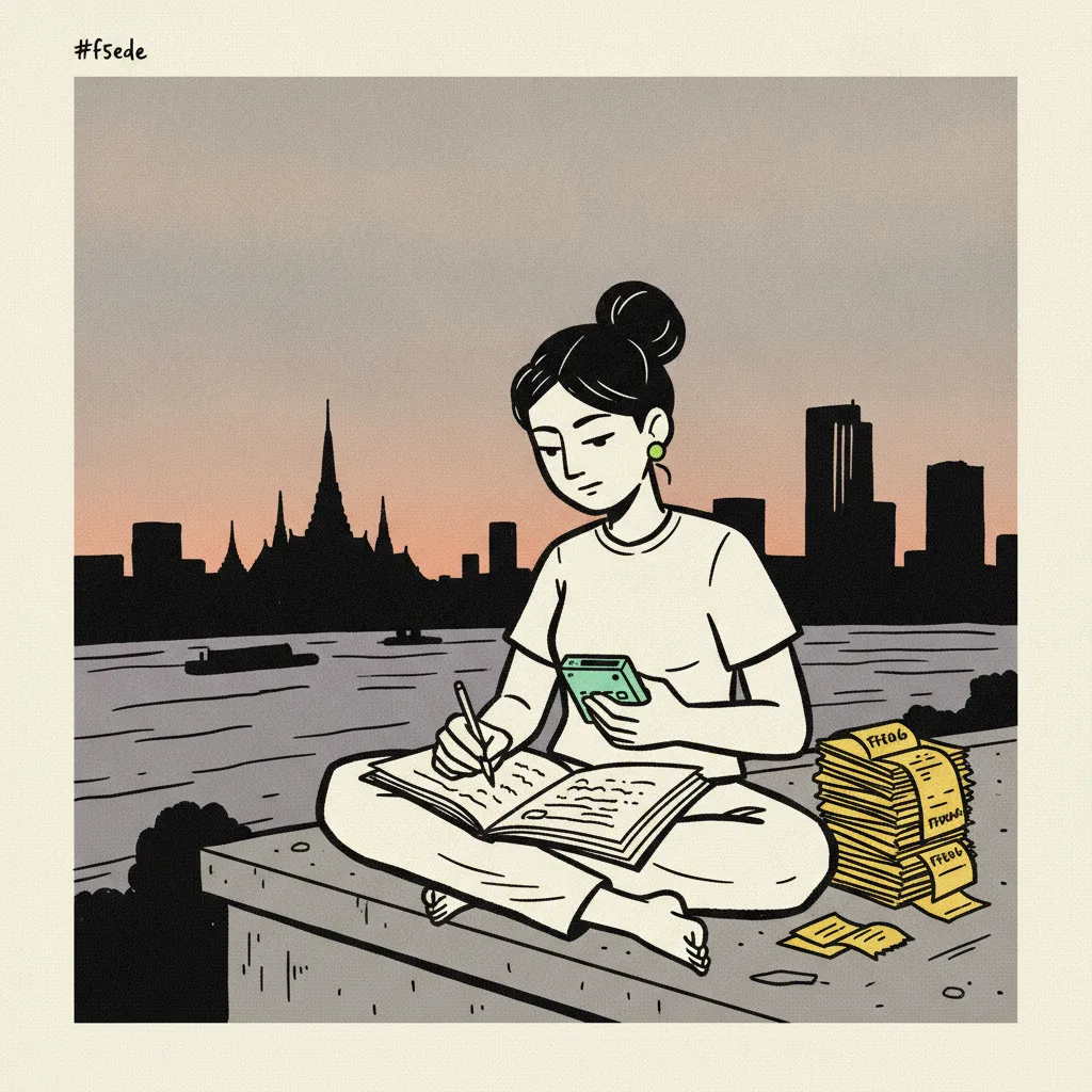 A Bangkok creator calculates her hourly rate on a rooftop at dusk with Chao Phraya behind her, a small calculator and receipt stack on her notebook.