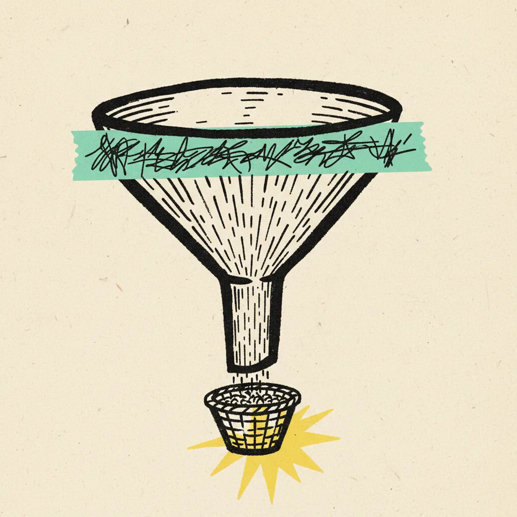 Funnel illustration showing dash marks pouring into a wide top and narrowing toward a small basket at the bottom, with a mint tape strip across the top and a yellow burst near the bottom