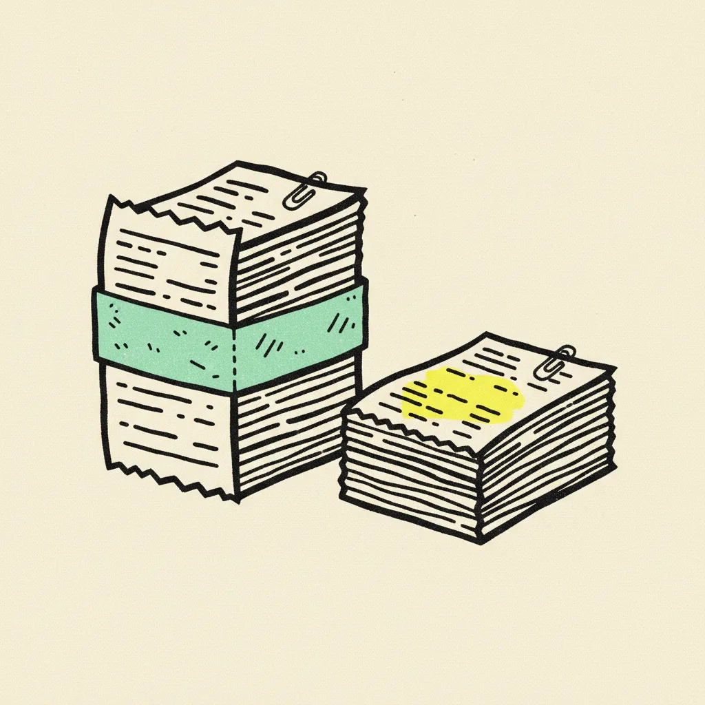Two stacks of paper receipts side by side, the taller wrapped in a mint tape strip and the shorter marked with a yellow highlighter blob