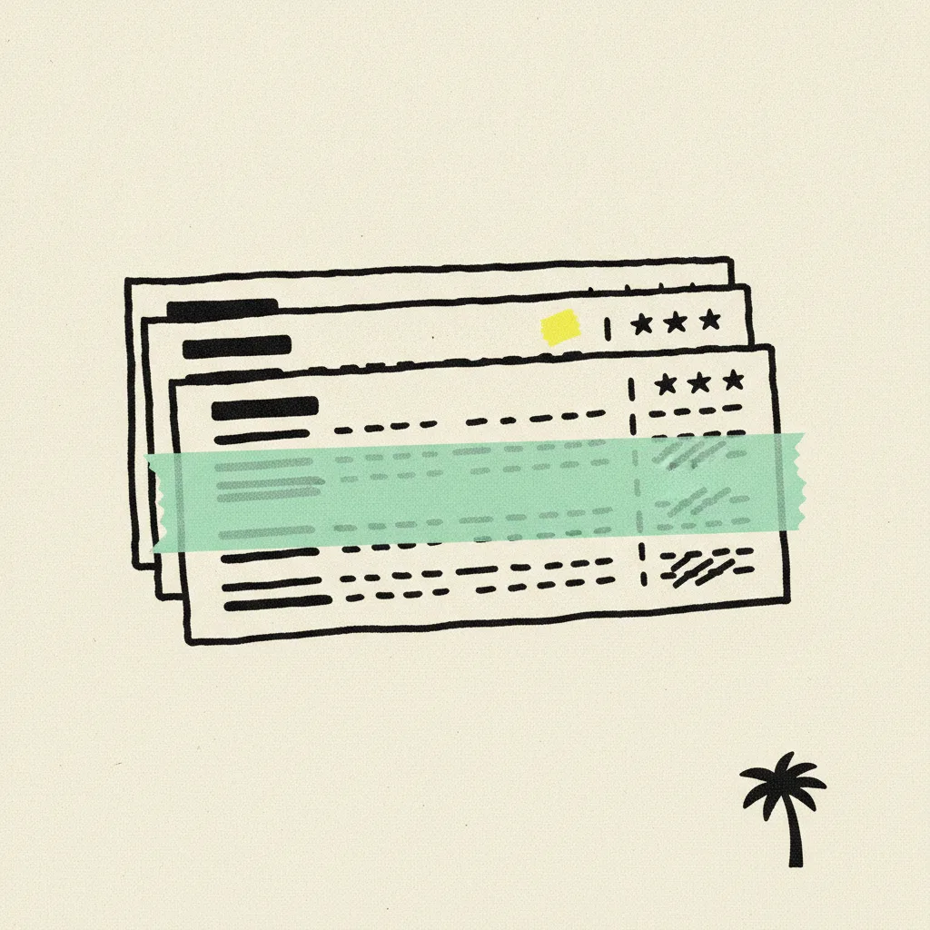 Three stacked paper hotel rate cards, mint tape across the middle card, yellow highlight on a tiny star rating mark on the top card