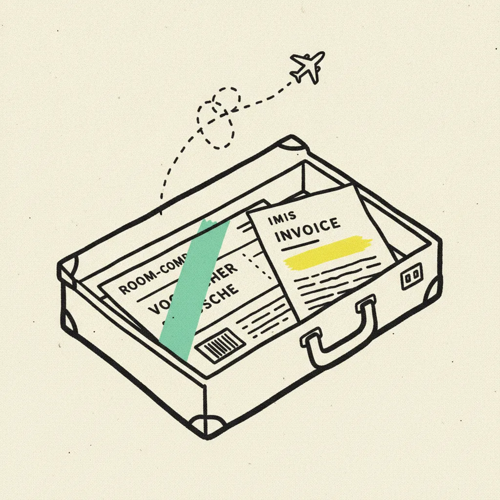 Open paper suitcase with a paper room-comp voucher and paper invoice inside, mint tape across the voucher, yellow highlight on one invoice line, small ink airplane with dotted route line above