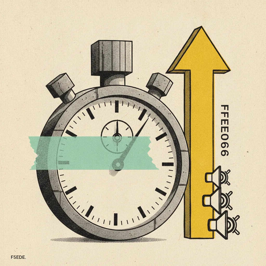 Stopwatch on its side beside speaker icons and a yellow upward arrow, brutalist editorial illustration on cream paper.