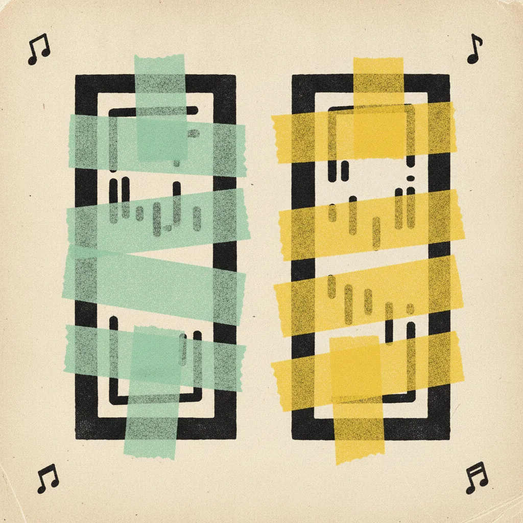 Two side-by-side rectangles, one wrapped in mint tape and one in yellow tape, small musical note doodles around them, brutalist editorial illustration.