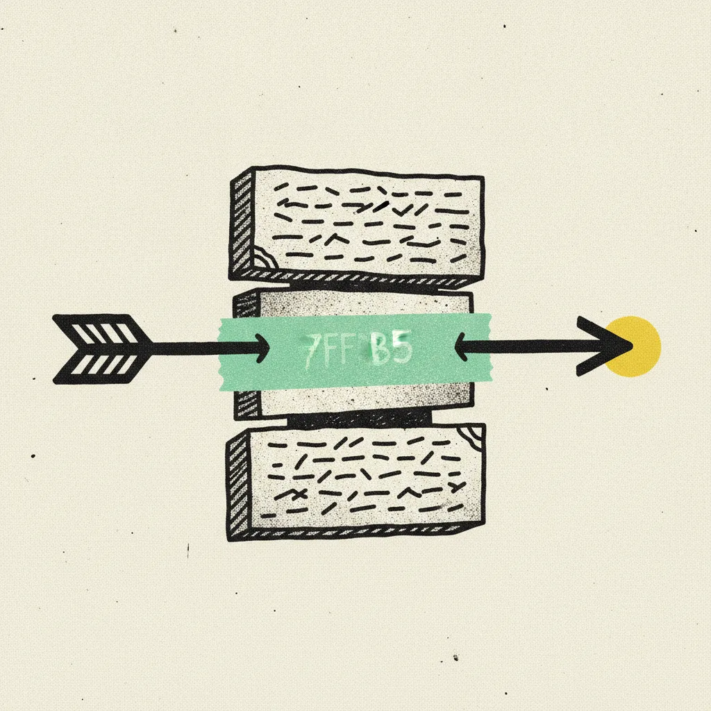 Horizontal timeline crossing three stacked boxes with a mint tape strip on the middle box and a yellow arrow head, brutalist editorial illustration on cream paper.