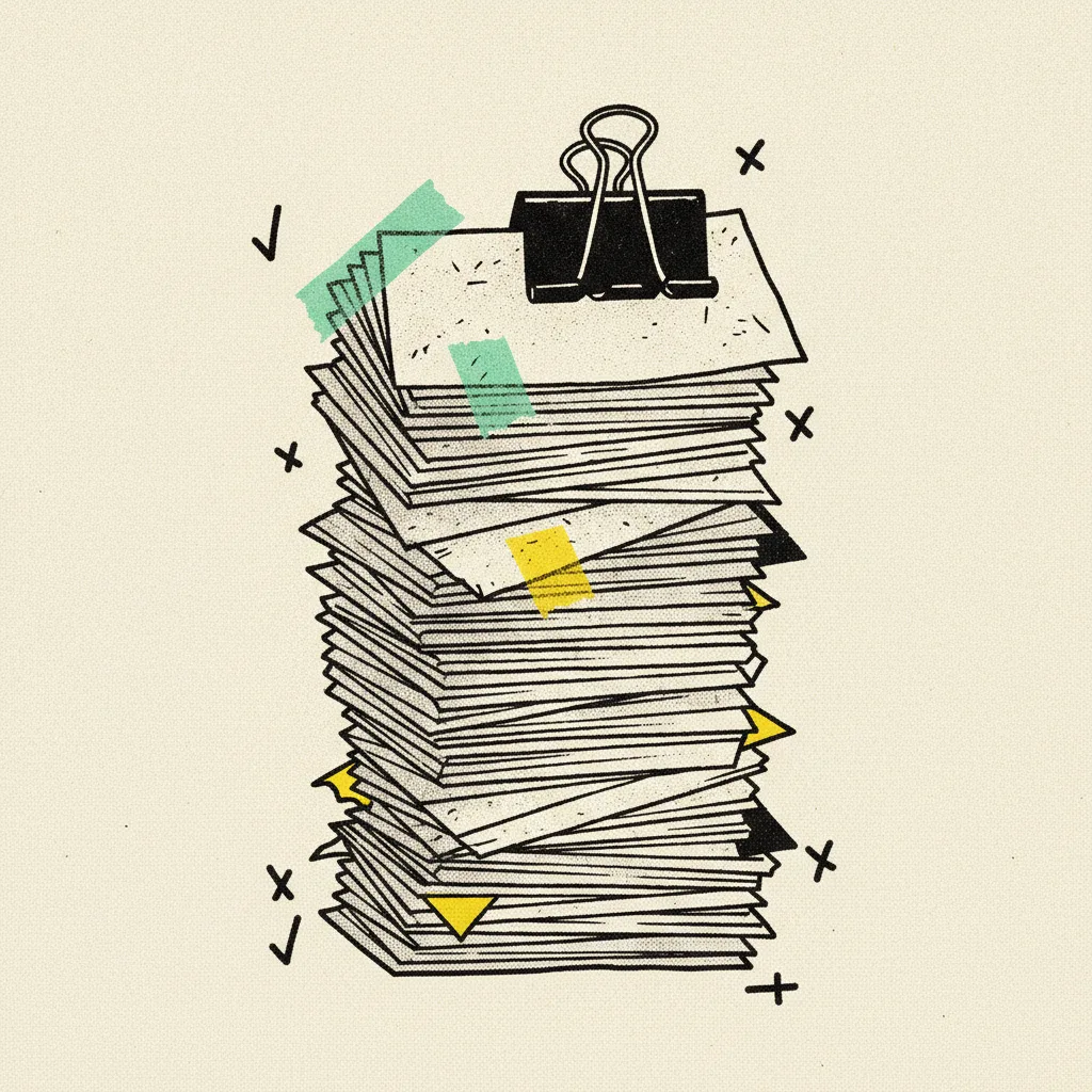 Stack of paper approval slips pinned by a black clip with one slip taped in mint and another accented in yellow, brutalist editorial illustration.