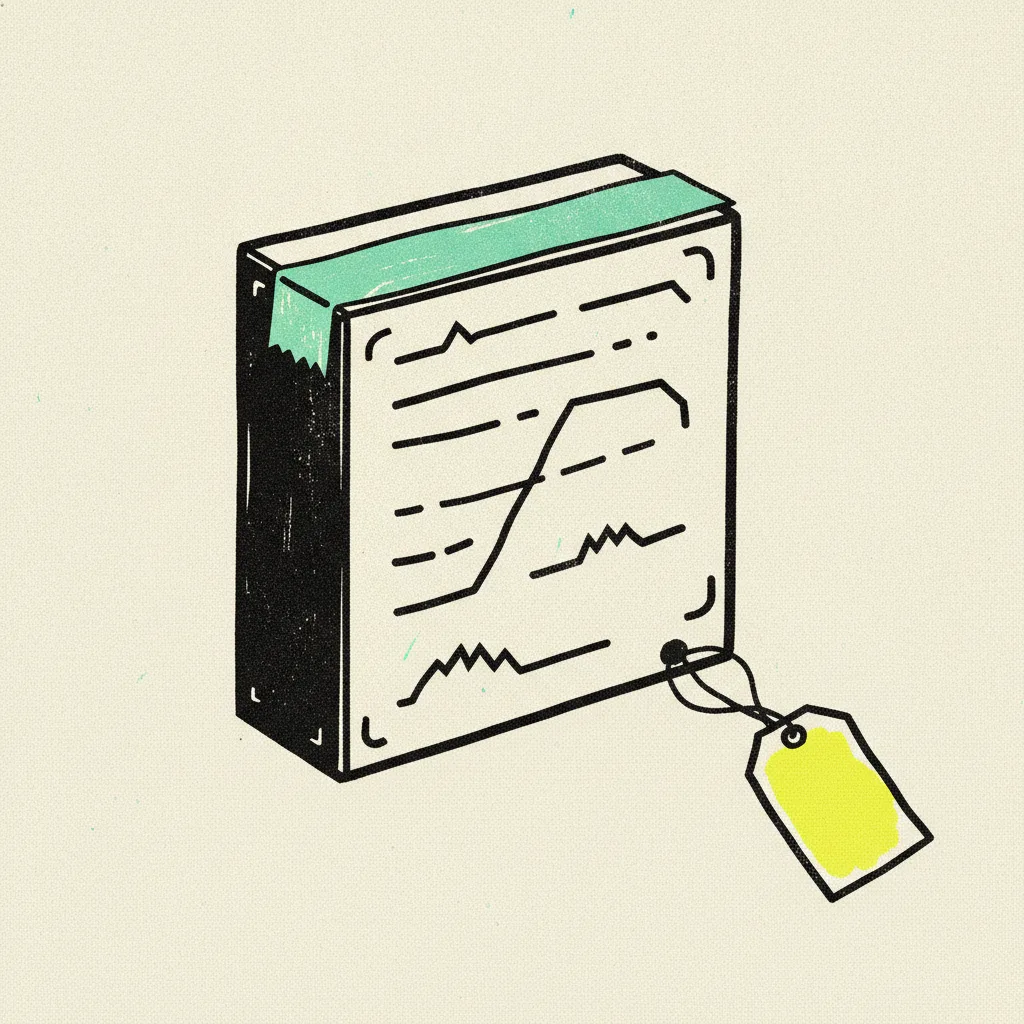 Paper hard drive sealed with mint tape, yellow highlighter blob on a small paper licence tag dangling off the side.
