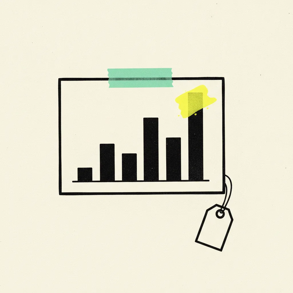 Paper ad-manager dashboard with abstract rising bar marks, mint tape strip across the top, yellow blob on the tallest bar, a small price tag in the corner.