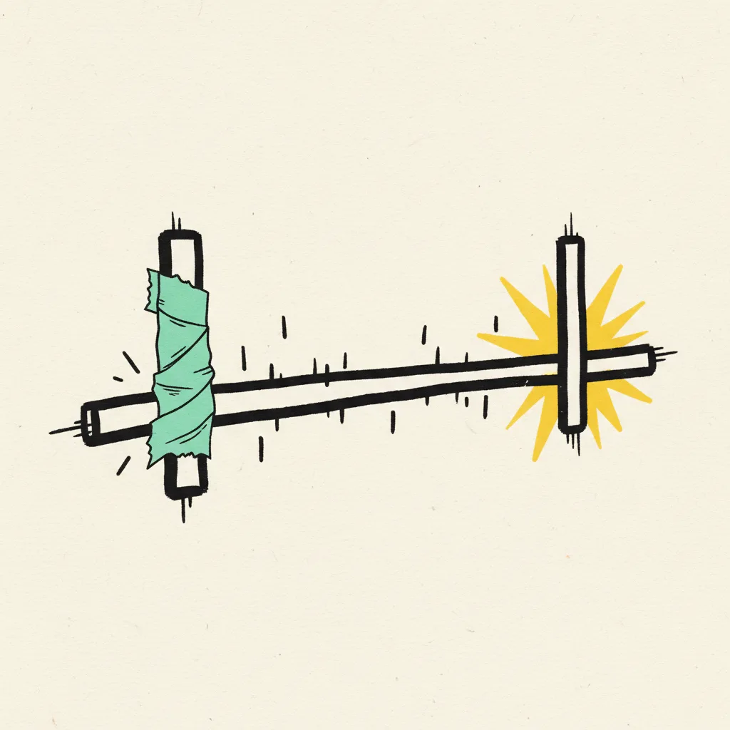Two ticks on a long ribbon, one wrapped in mint tape, the other capped with a yellow burst
