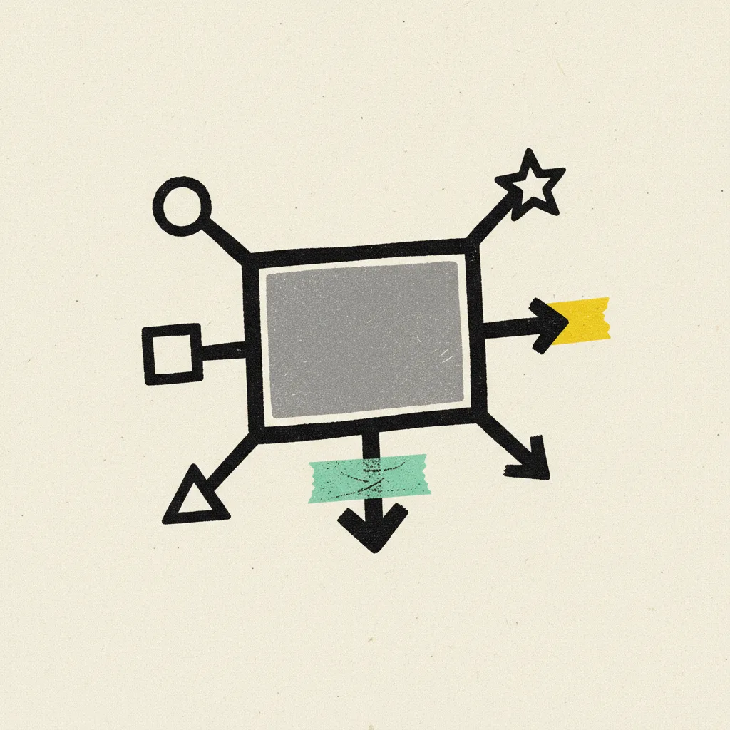 A single video frame with four arrows fanning outward, one wrapped in mint tape, one tipped in yellow