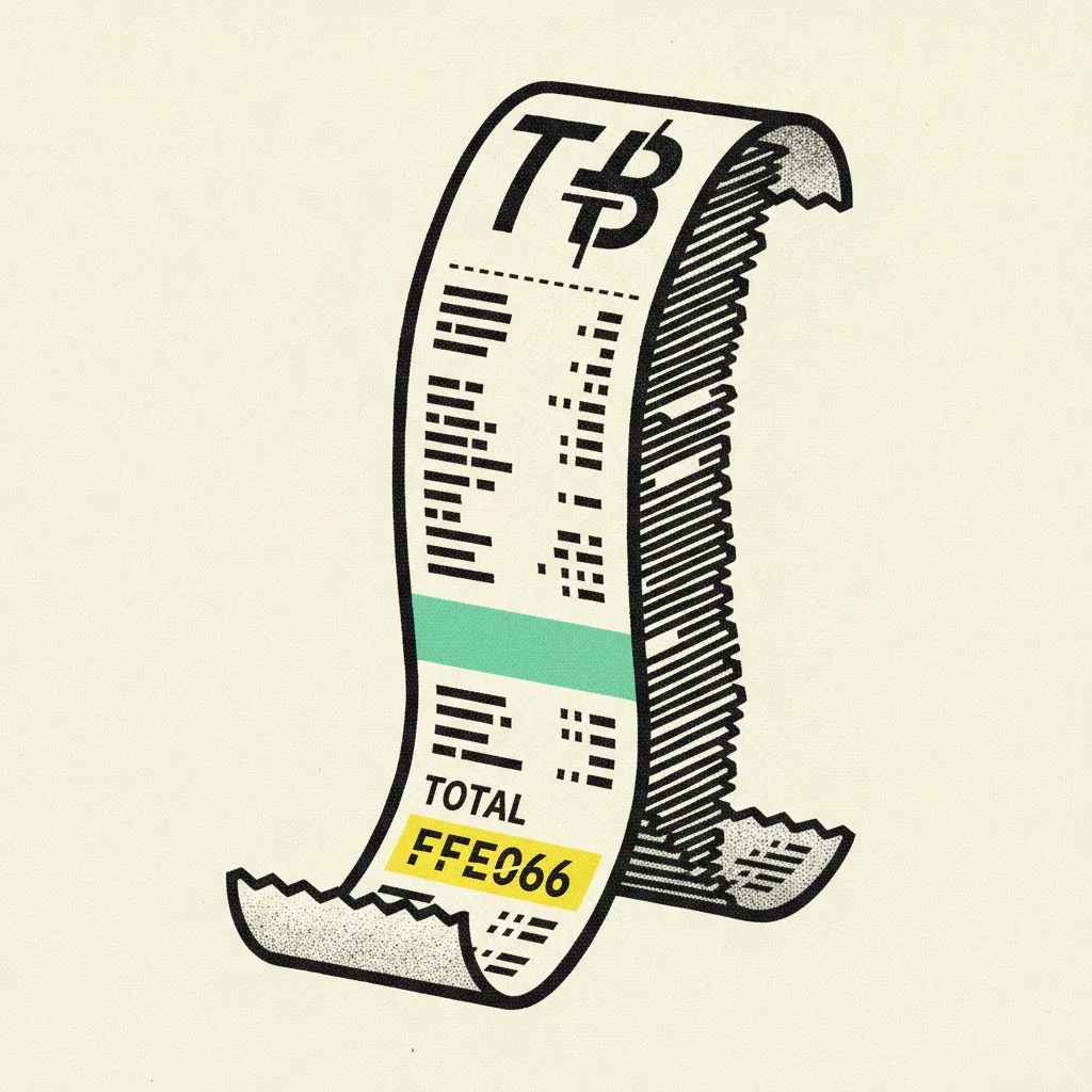 Brutalist illustration of a stacked receipt tape with a THB mark at the top and a highlighted total row.