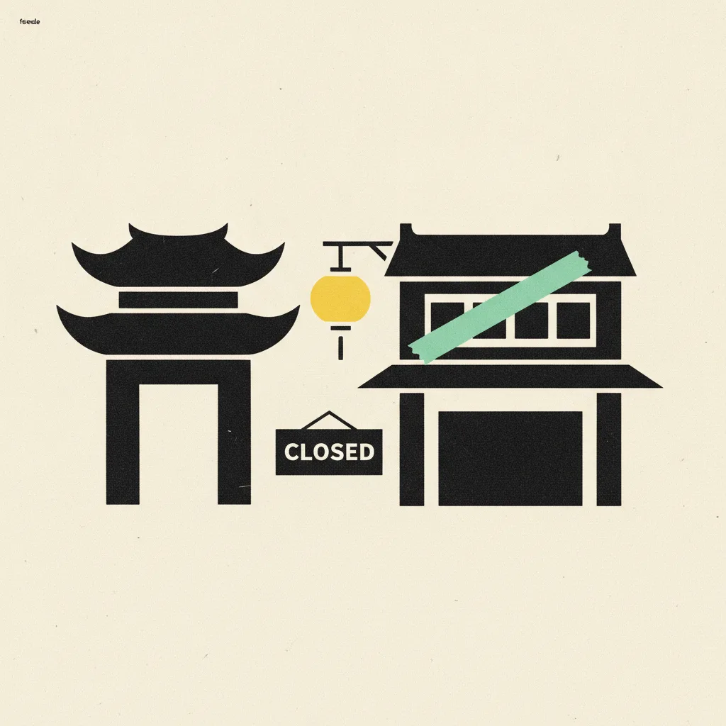 Brutalist illustration of a Buddhist temple gate, a shuttered shophouse, and a closed-sign shape.