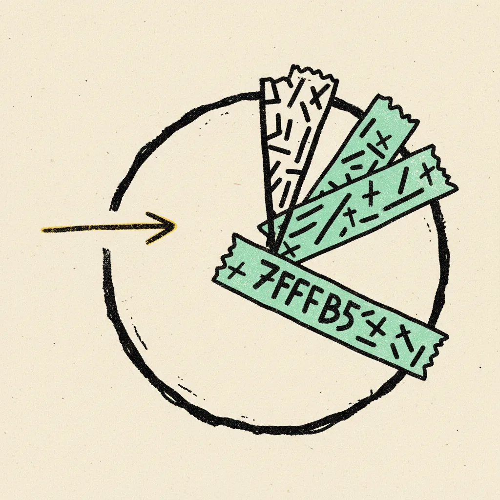 Paper budget pie chart drawn in thick black ink on cream background with three uneven slices, the largest wrapped in a mint tape strip and a thin yellow arrow pointing to the smallest sliver