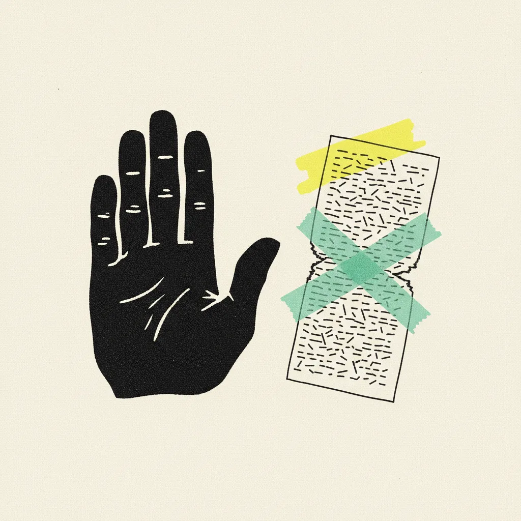 Thick black ink stop-sign hand on cream paper beside a torn campaign brief sealed shut with a mint tape strip and a yellow highlighter blob along the top