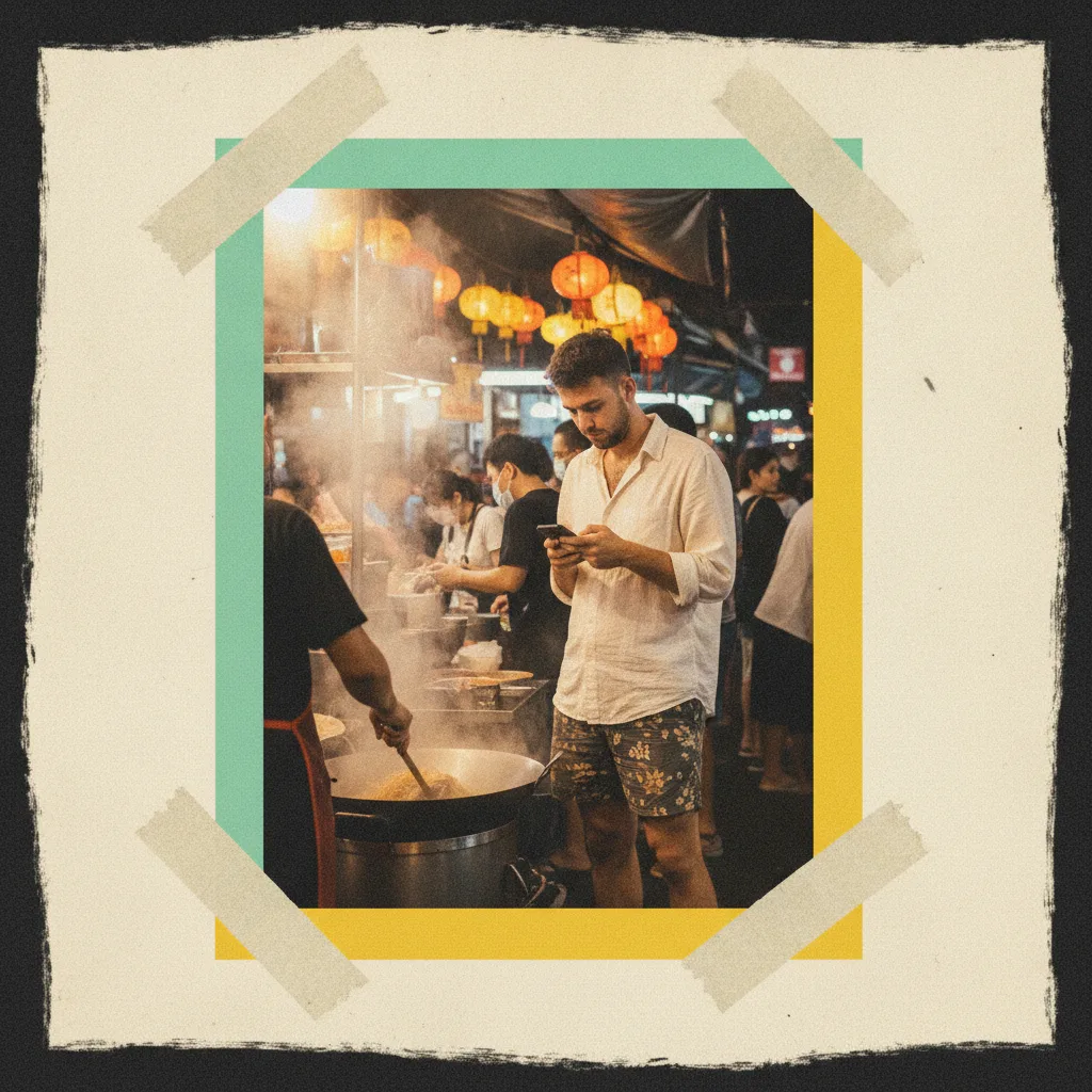 A Bangkok creator at a night market putting his phone down mid-shoot, resigned.