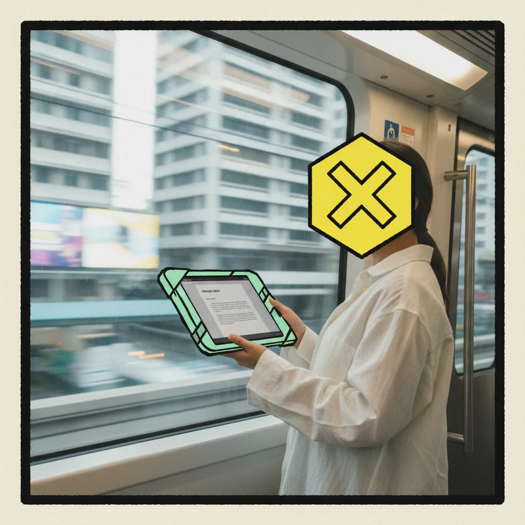 A Bangkok creator on the BTS Skytrain with a large yellow X sticker across a brand brief on her tablet.
