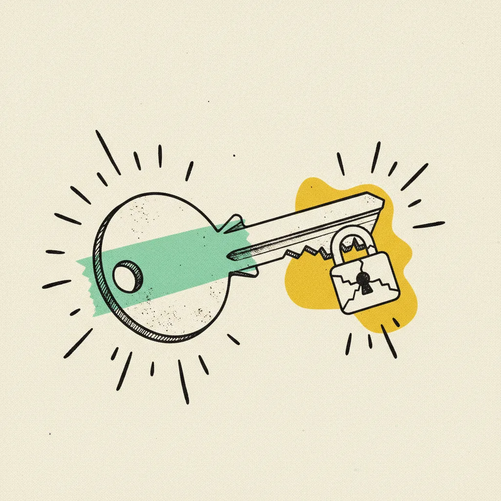 Paper key with a mint tape strip through the bow and a yellow blob behind a small paper lock icon.