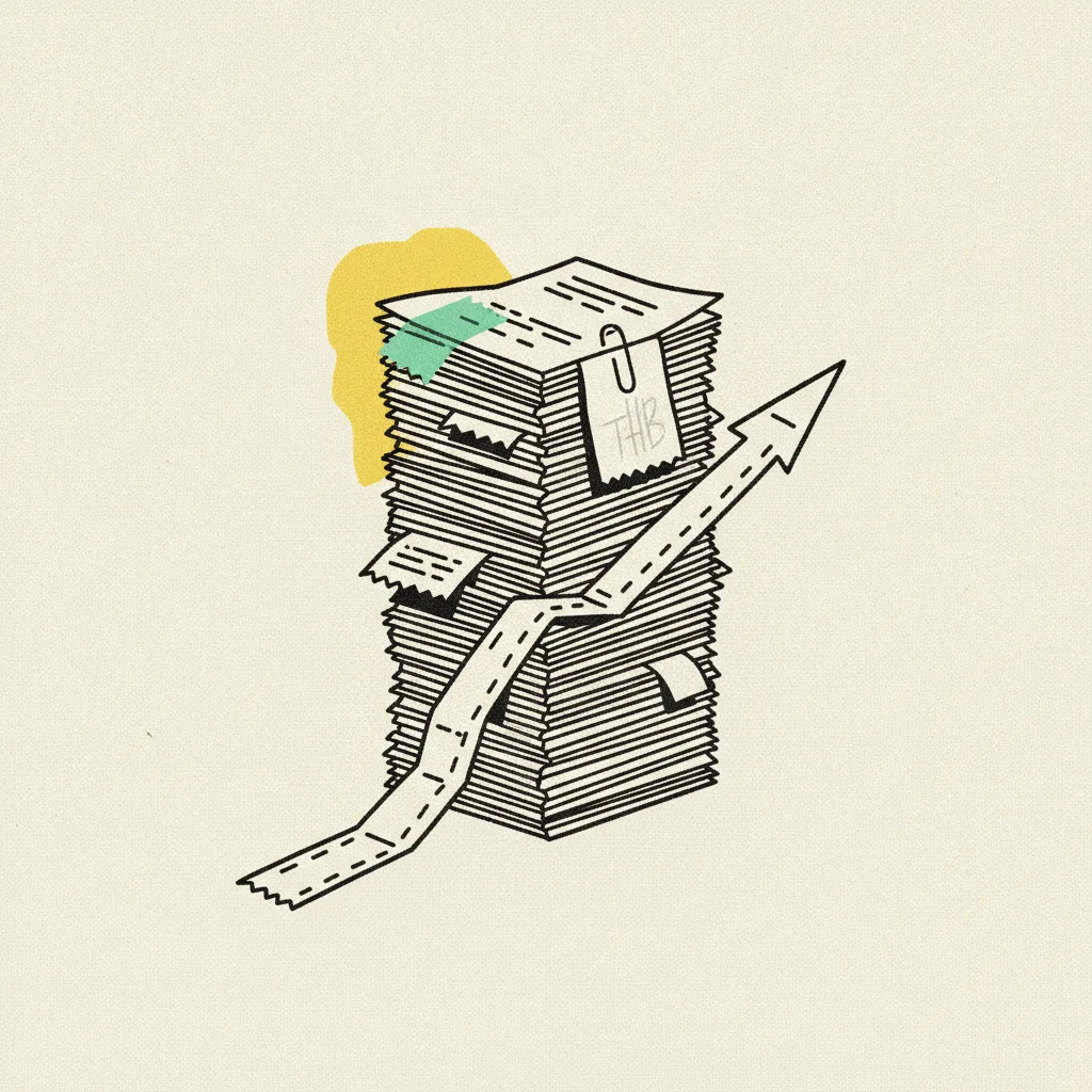 Paper stack of receipts with an upward ink arrow, a mint tape strip diagonal across the top receipt, yellow blob behind a paper THB tag on a paperclip.
