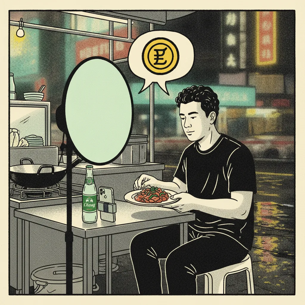Thai creator at a Yaowarat night-market stall filming food content, mint reflector and yellow currency badge floating beside him
