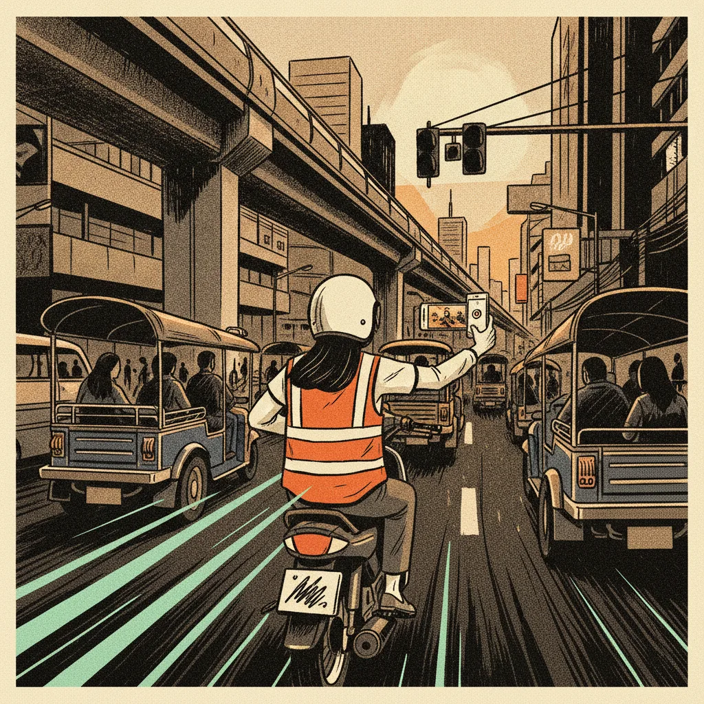 Thai creator riding a motorbike taxi through Sukhumvit traffic at dusk filming the ride, brutalist cream and mint illustration