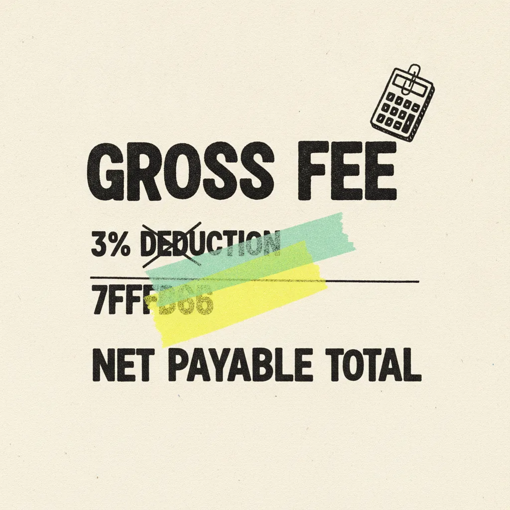 Brutalist editorial illustration of a paper creator invoice showing a gross-fee line, a struck-through 3% deduction line, and a highlighted net-payable total.