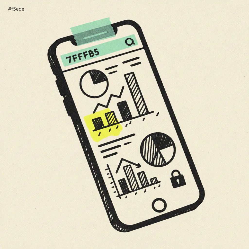 Brutalist editorial illustration of a paper smartphone screenshot mockup on cream paper showing an abstract analytics insights panel with ink-drawn bar and donut shapes, mint tape strip on the status bar, yellow highlighter blob behind one bar, ink lock icon in the corner