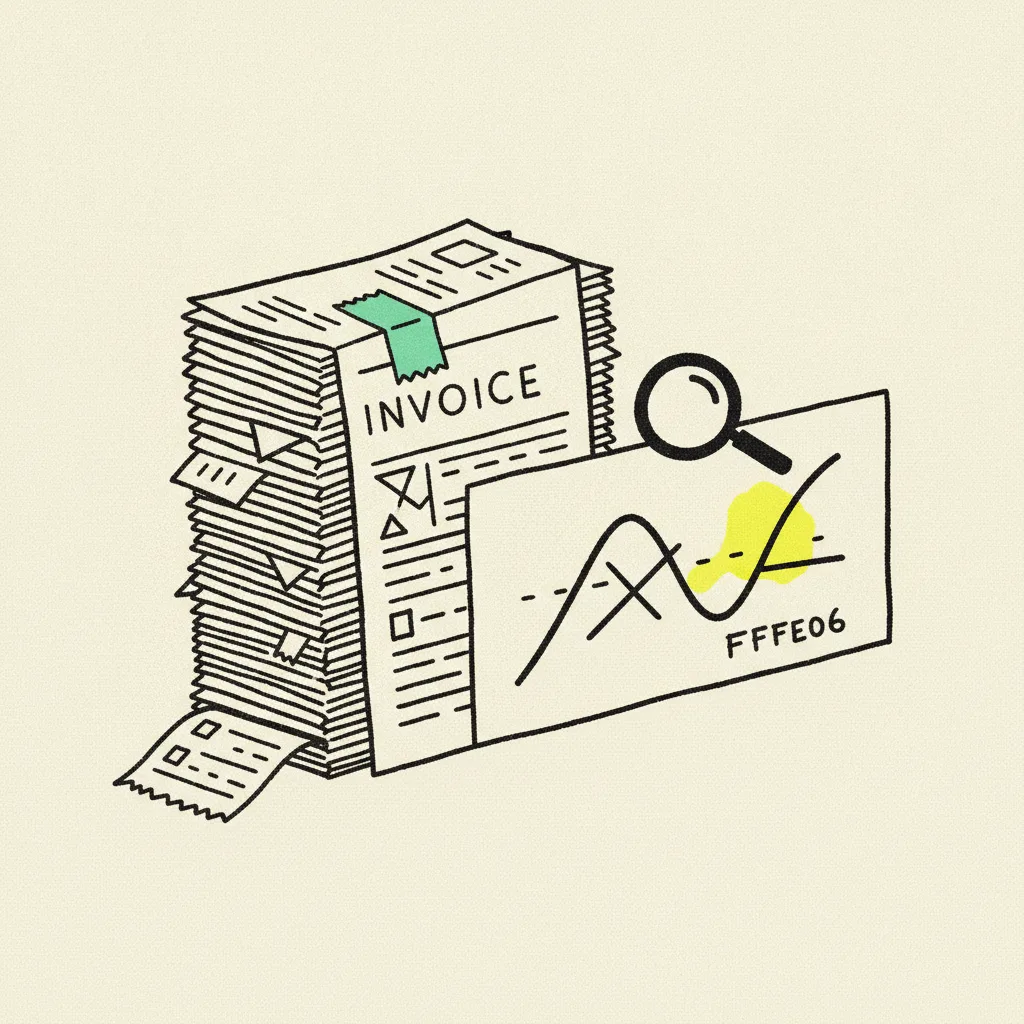 Brutalist editorial illustration of a stack of paper invoices and receipts beside a paper line-chart card with two crossing ink curves on cream paper, mint tape strip on the top invoice, yellow highlighter blob on the chart crossing point, ink magnifying glass over the curves