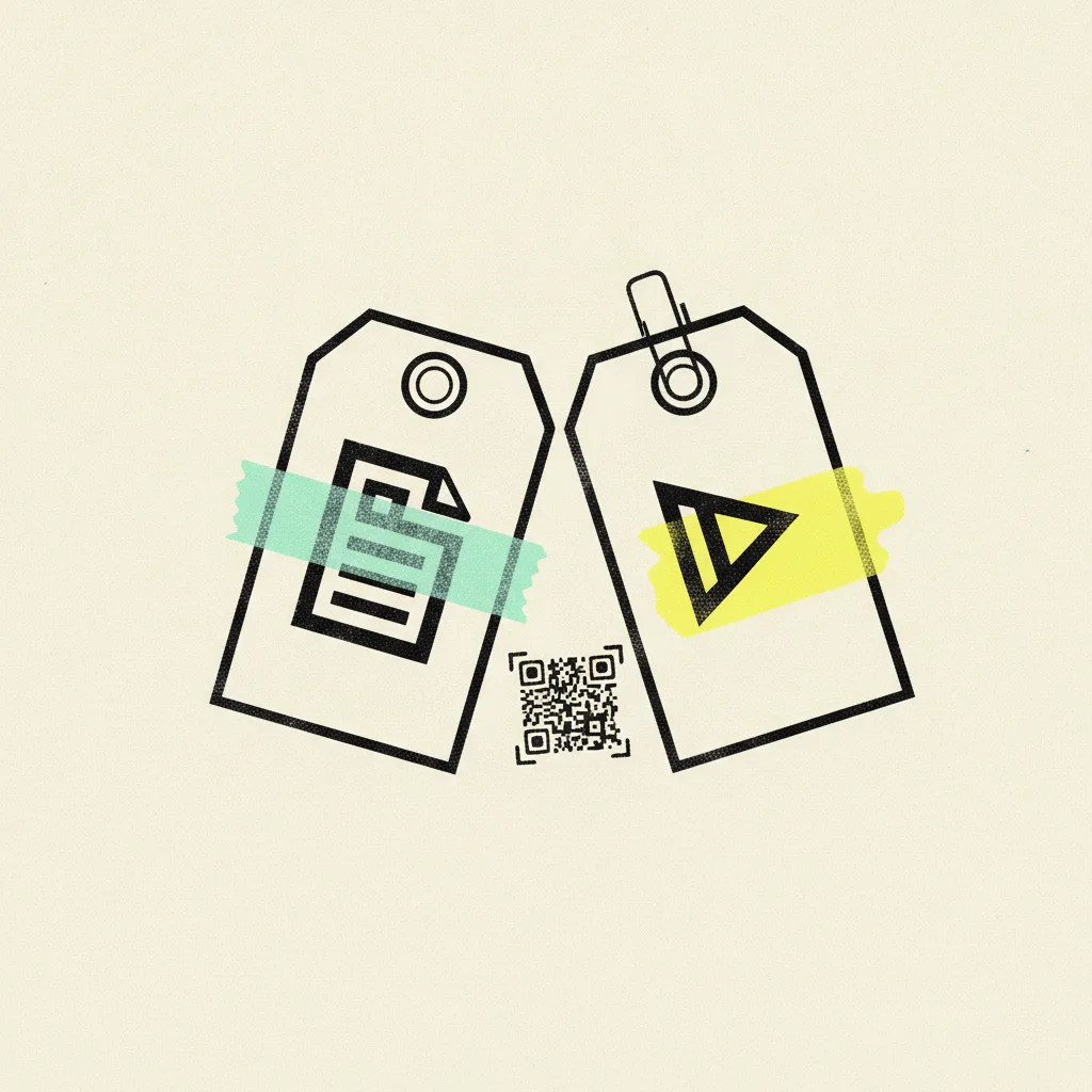 Two paper price tags on cream paper, one wrapped in mint tape stamped with a note icon and the other marked with a yellow blob and a play triangle
