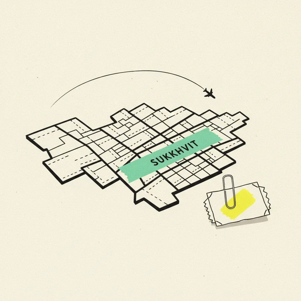 Paper Bangkok neighbourhood map on cream paper with a mint tape strip over a Sukhumvit block and a yellow blob on a paper suitcase icon