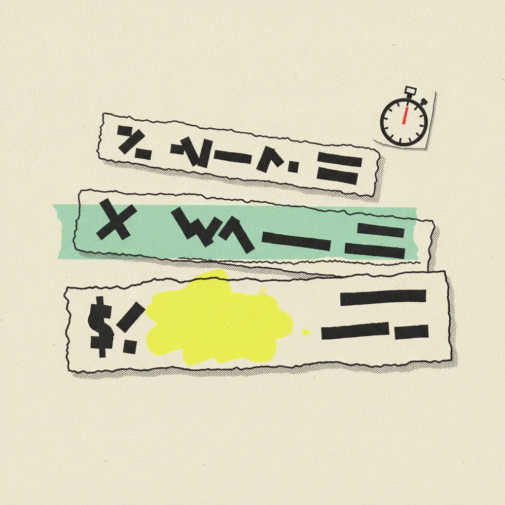 Three paper price tags stacked on cream paper, the widest one wrapped in mint tape with a yellow highlight, a small paper stopwatch in the corner