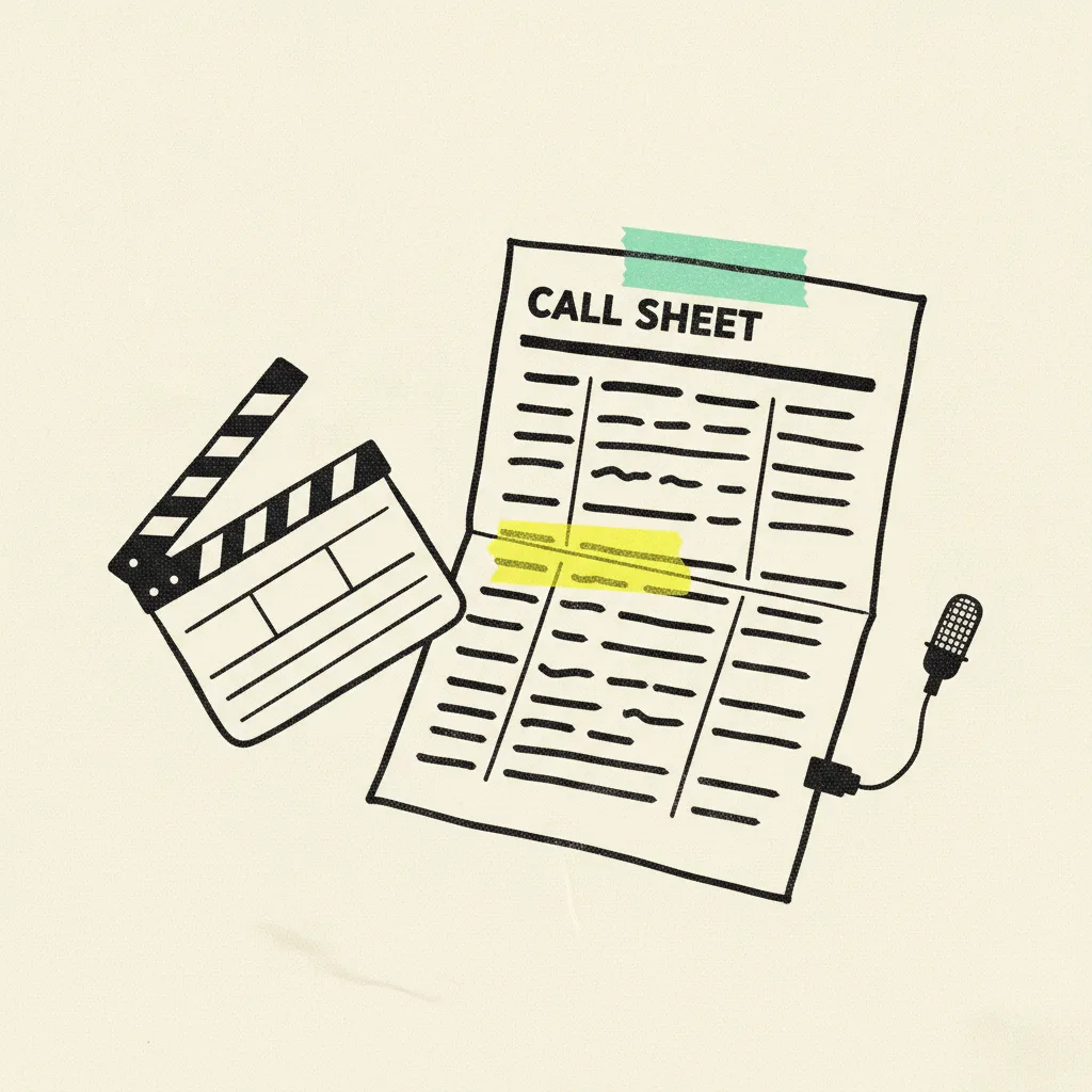 Folded paper call sheet with dash-mark schedule rows, paper clapperboard tilted beside it, mint tape across the header and a yellow blob on one row